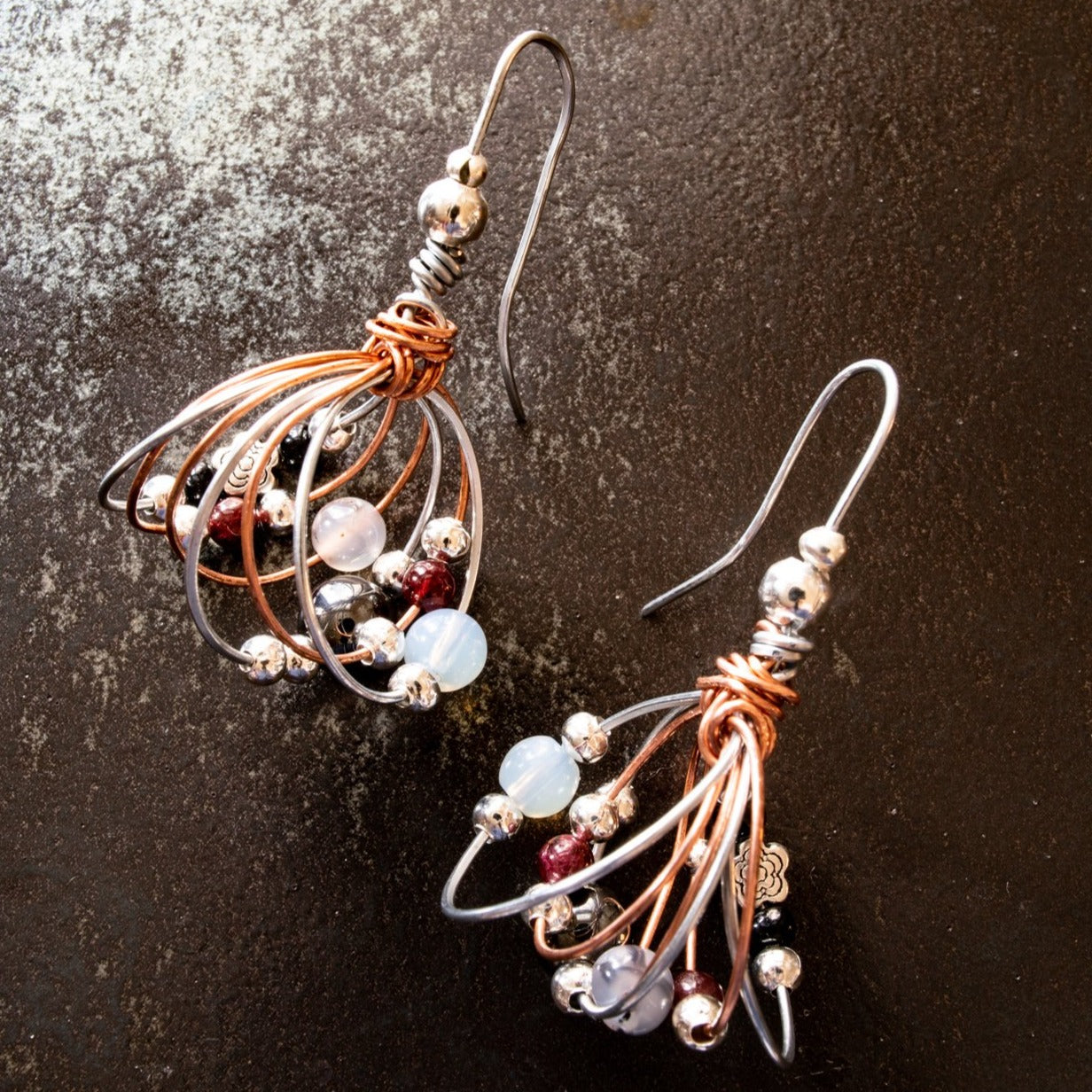 Artisan Series - Bundles, Winter Mix Steel and Copper Wire Earrings with Black and Red Stones, and Silver Beads