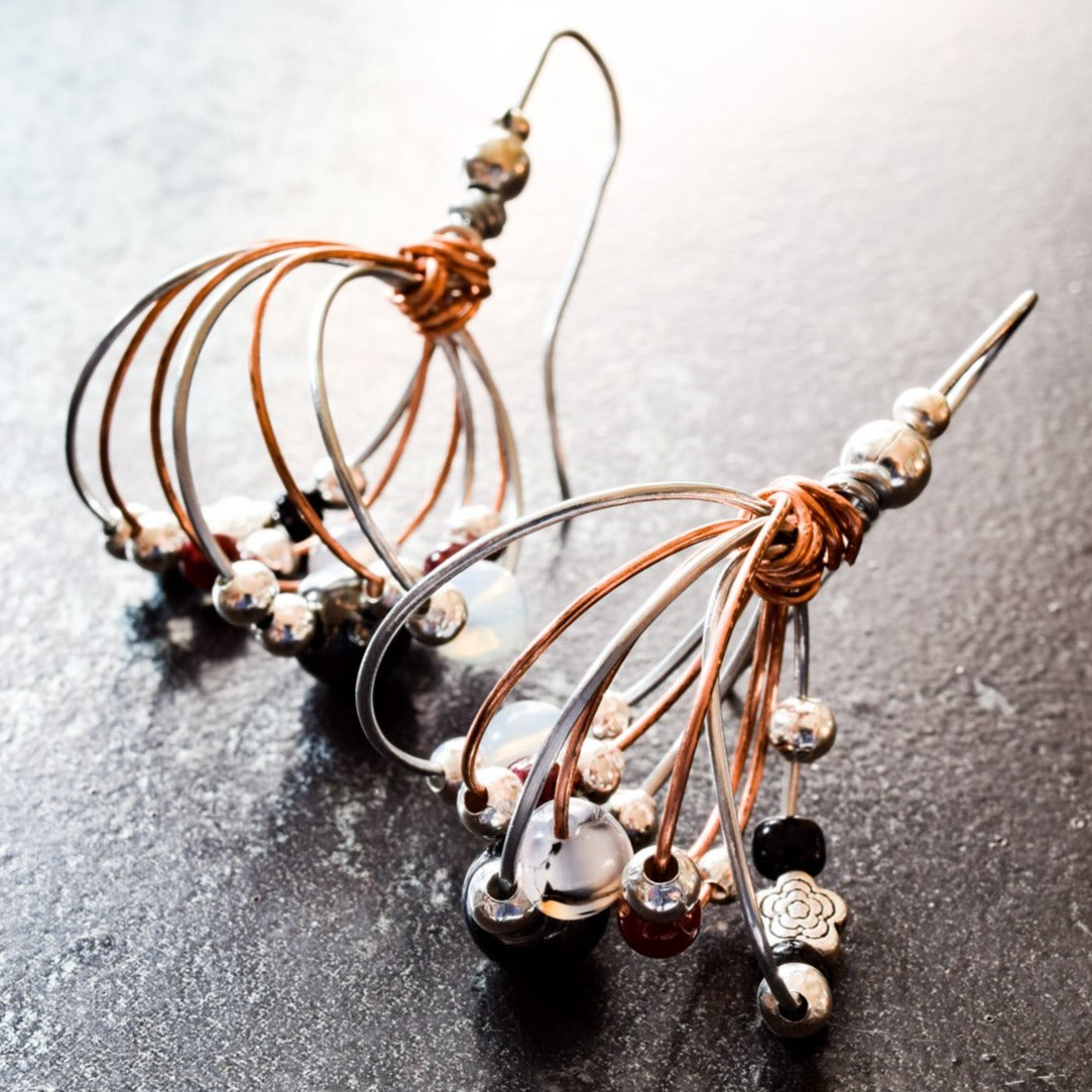 Artisan Series - Bundles, Winter Mix Steel and Copper Wire Earrings with Black and Red Stones, and Silver Beads