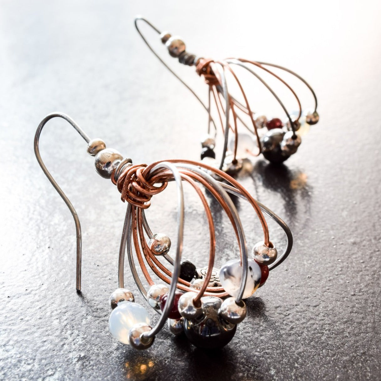 Artisan Series - Bundles, Winter Mix Steel and Copper Wire Earrings with Black and Red Stones, and Silver Beads