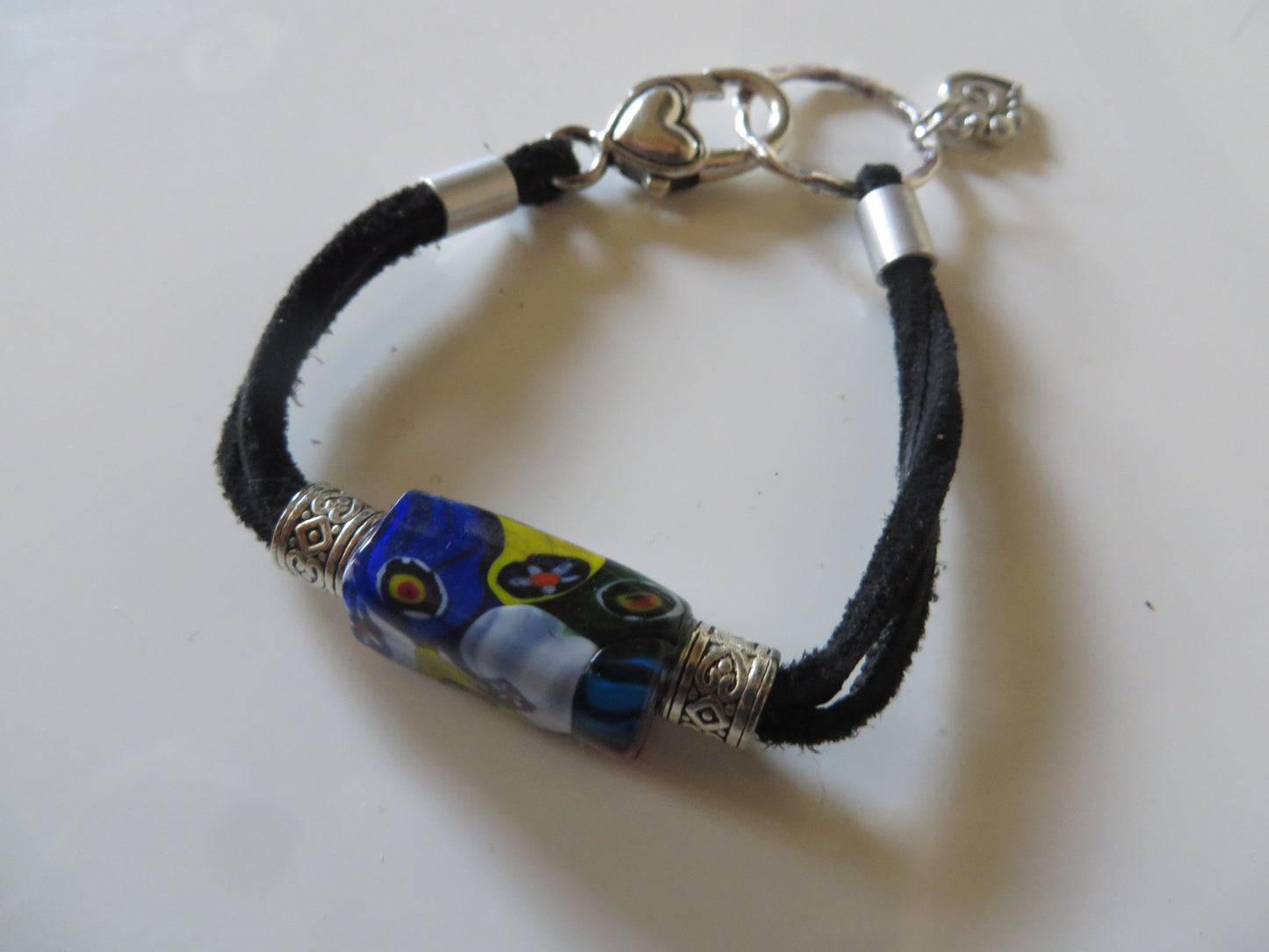 soft Surrounds Accents black leather and red orange art glass bracelet