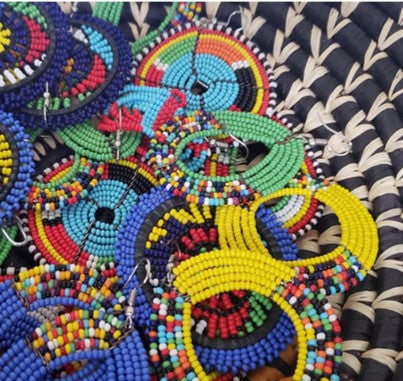 African Large Round Green Earrings, with Orange, Periwinkle, Yellow, Black, Gold, and White, Accents