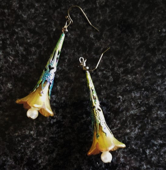 autumn gold ,filigree flowers with Peacock Finish Earrings