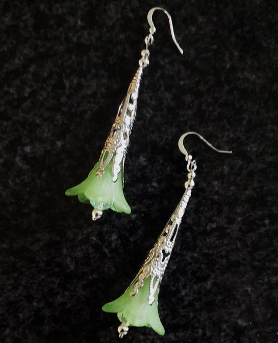 Holidays, filigree silver and green bells dangle earrings