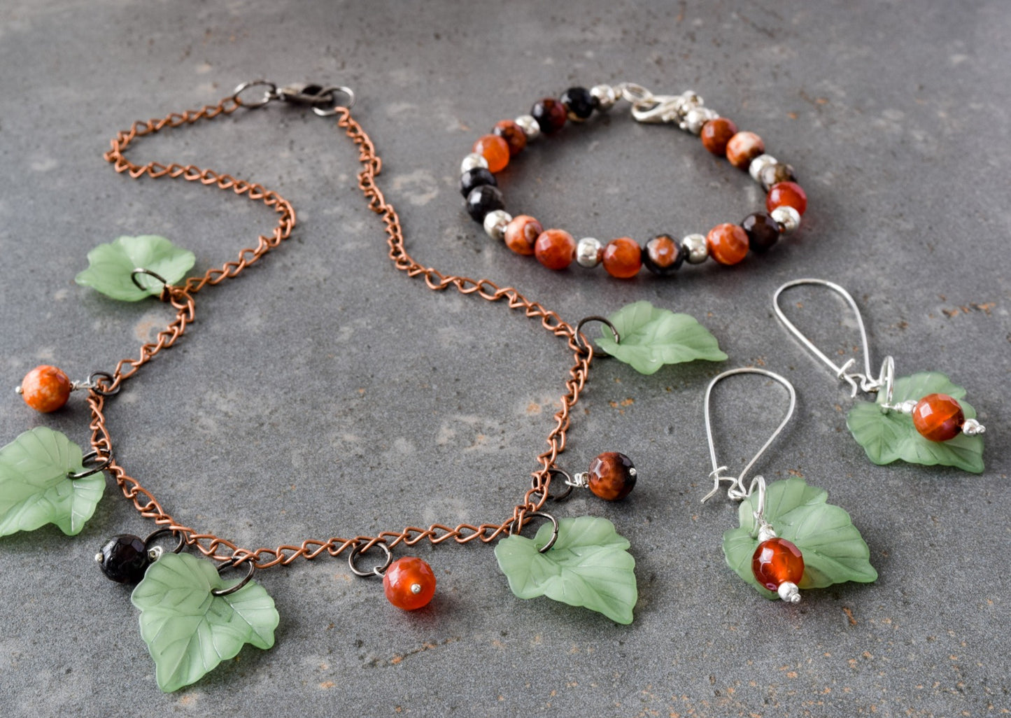 Expressions in Red Fire Agate, Silver Large Loop Dangle Earrings with Leaves