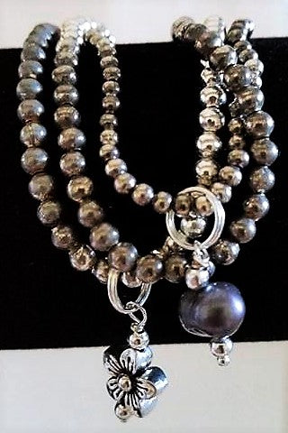 Stackables Bracelet with Antiqued Silver Beads with a Prussian Blue Pearl Charm