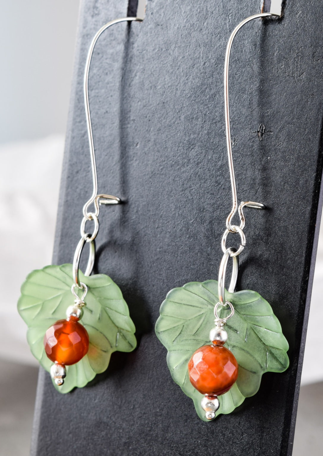 Expressions in Red Fire Agate, Silver Large Loop Dangle Earrings with Leaves