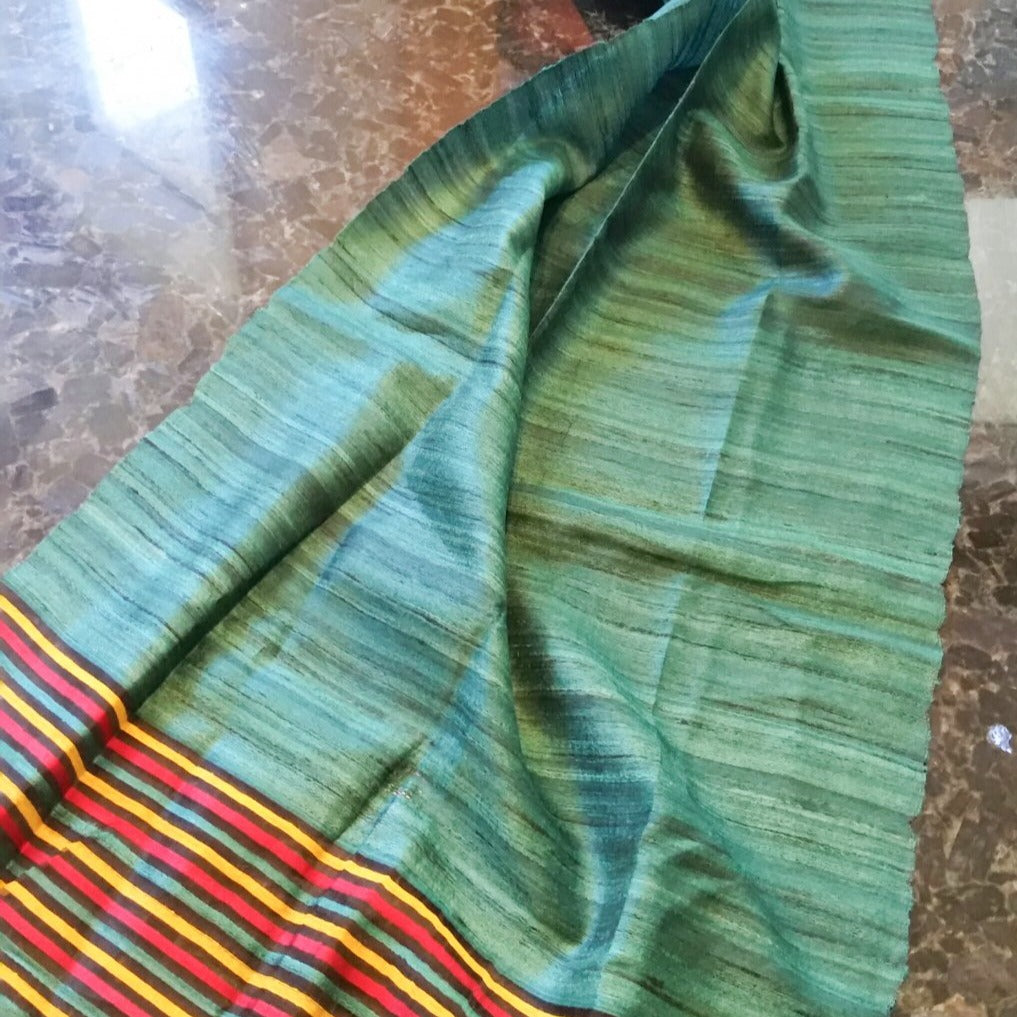 Large Raw Silk Scarf/Shawl/Wrap, Forest Green with Yellow, Black, and Red Stripes