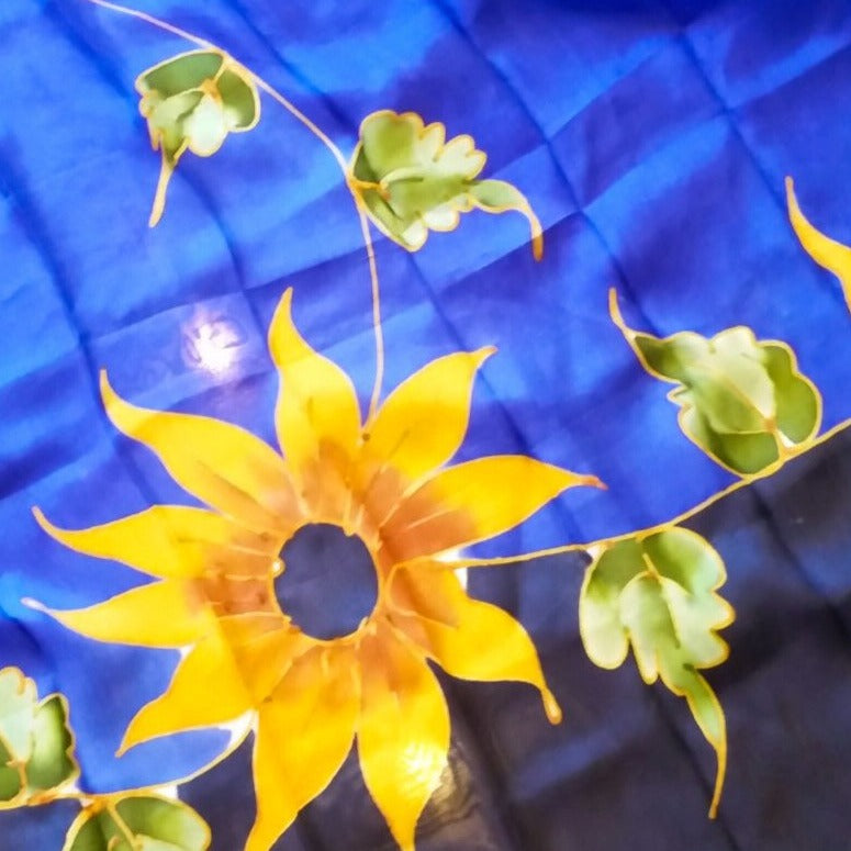 Large Hand Dyed Blue and Yellow, Fine Silk Scarf with Sunflowers