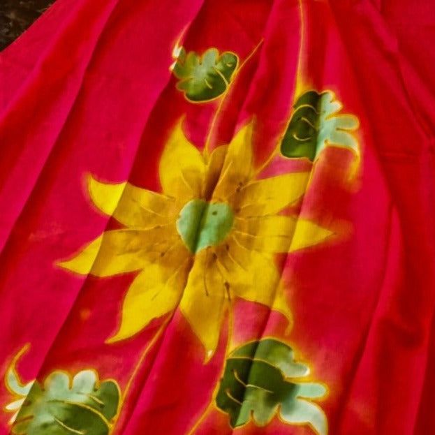 Large Hand Painted Red and Black Fine Silk Scarf, with Large Sunflower