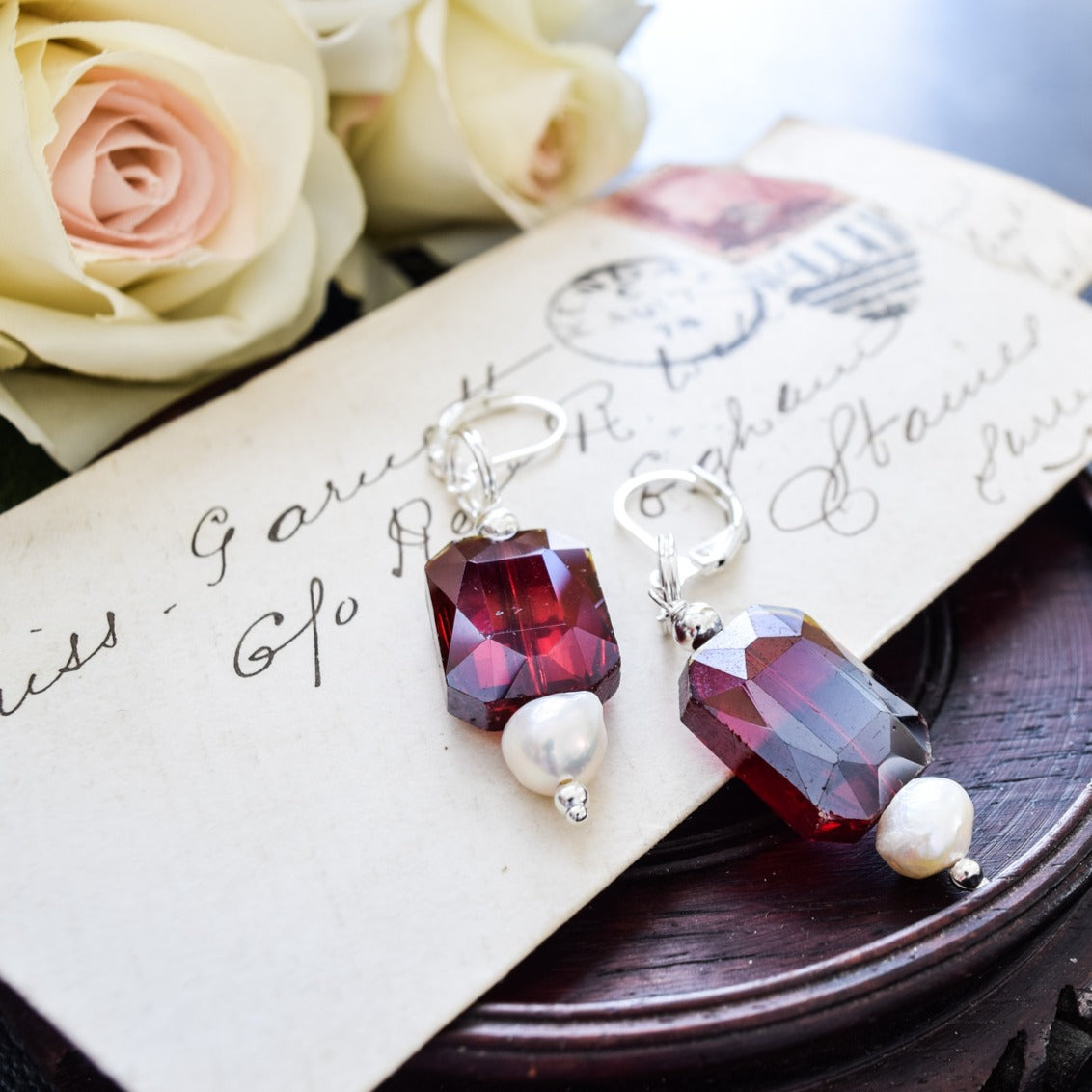 Basics, Ruby Red Crystal and Pearl Dangle Earrings