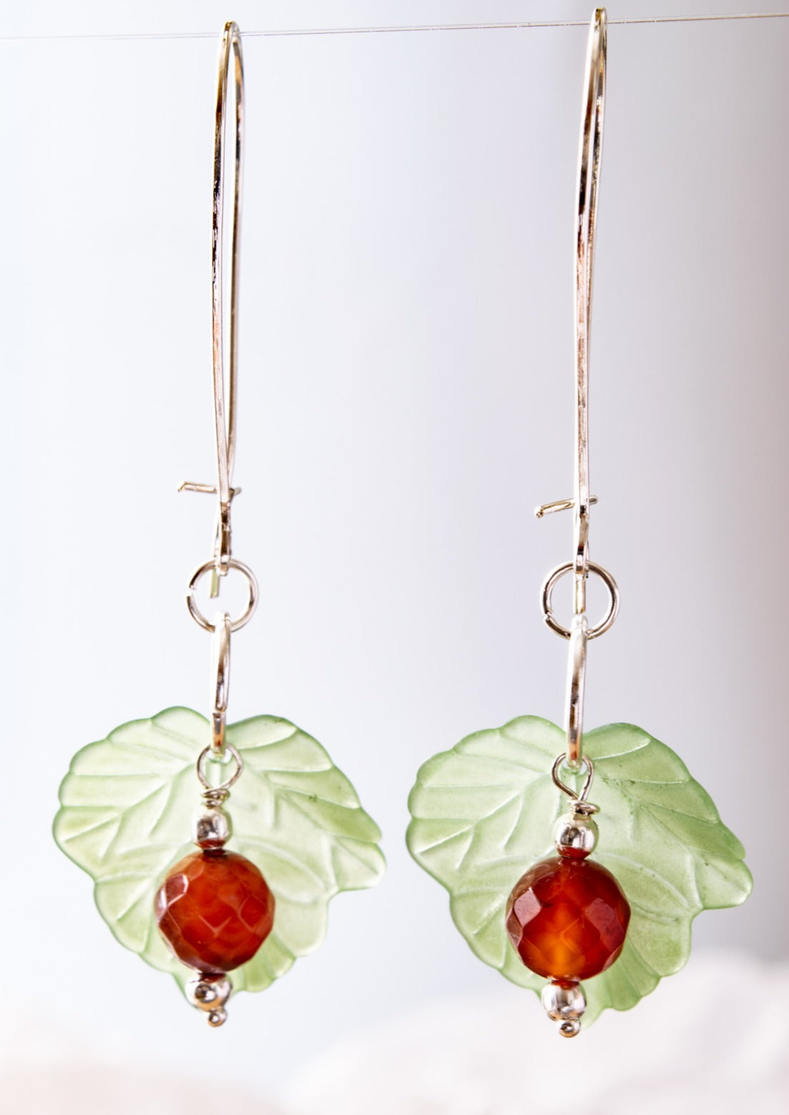 Expressions in Red Fire Agate, Silver Large Loop Dangle Earrings with Leaves