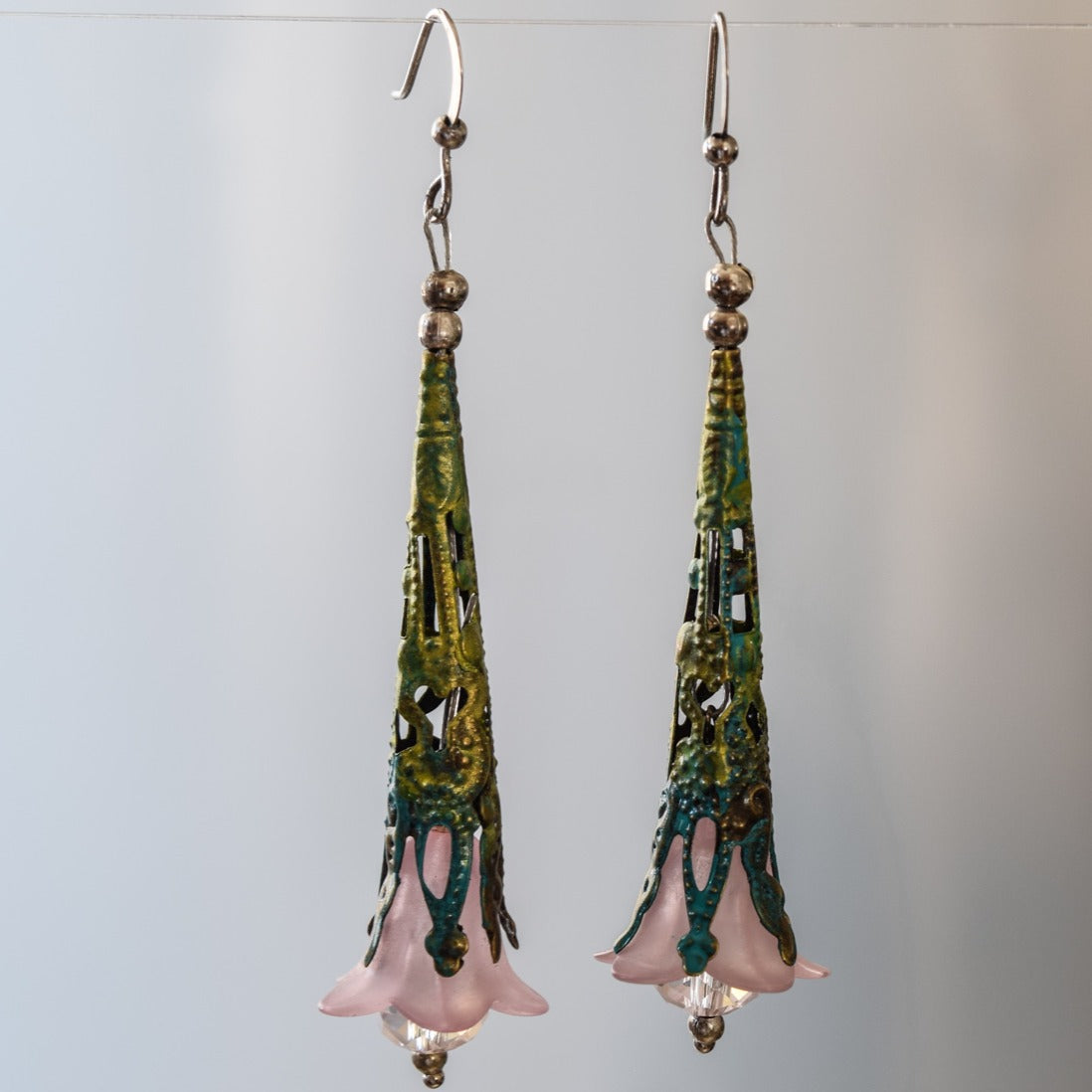 Filigreed dangle pink bell earrings