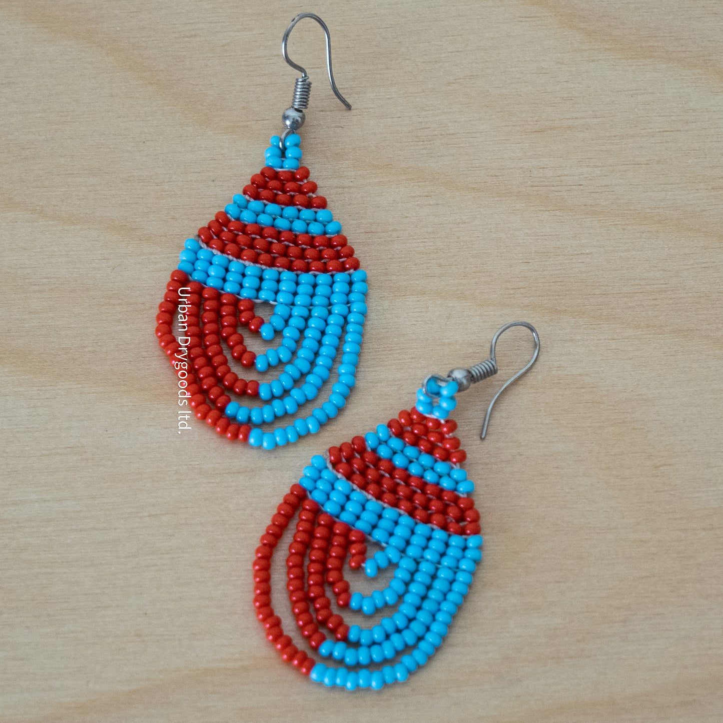 African Teardrop Earrings, Lacey, Sky Blue, and Red