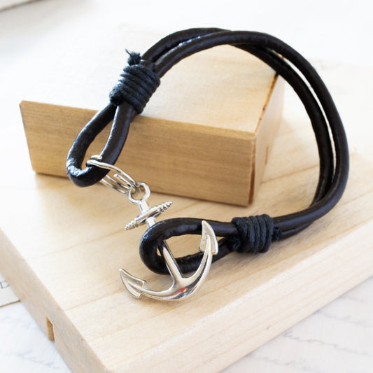 Unisex Classics Dark Brown Heavy Leather Anchor Bracelet