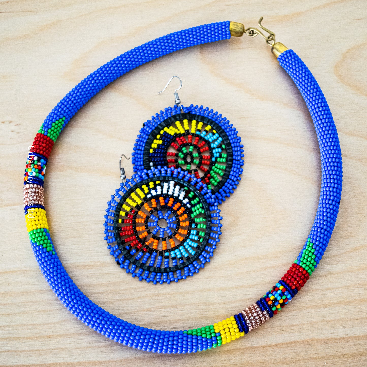 African, Large Round, Earrings, Flower Design with Periwinkle, and Accents of Black, Red, Yellow, Orange, Sky Blue, Green, and White Accents