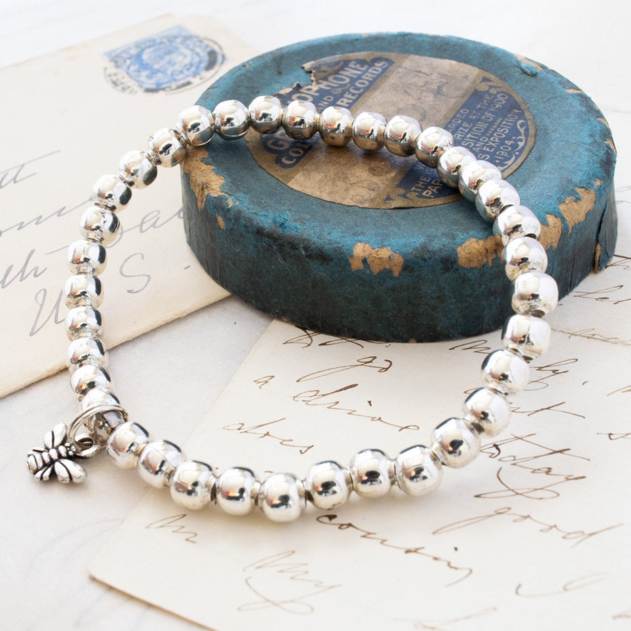 Stackables Stretch Bracelet with Large, Silver 5mm Beads and a Tibetan Silver Bumble Bee