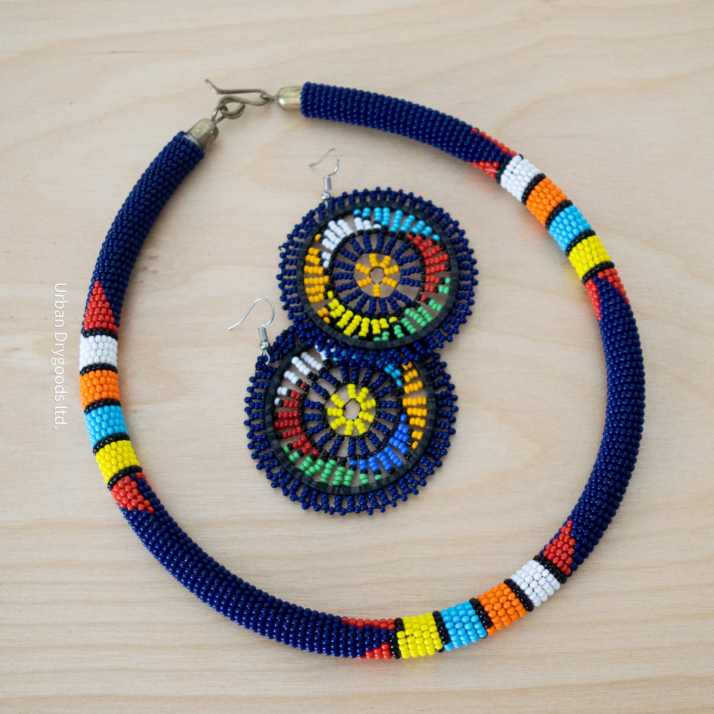 Reproduction Zulu and Messiah African Handmade Beaded Necklaces, Navy Blue, with Red, White, Orange, Sky-Blue