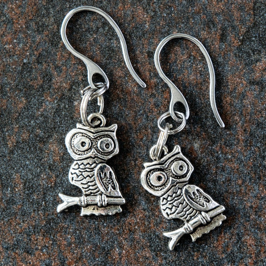 Woodland, Owl on Branch Silver Dangle Earrings