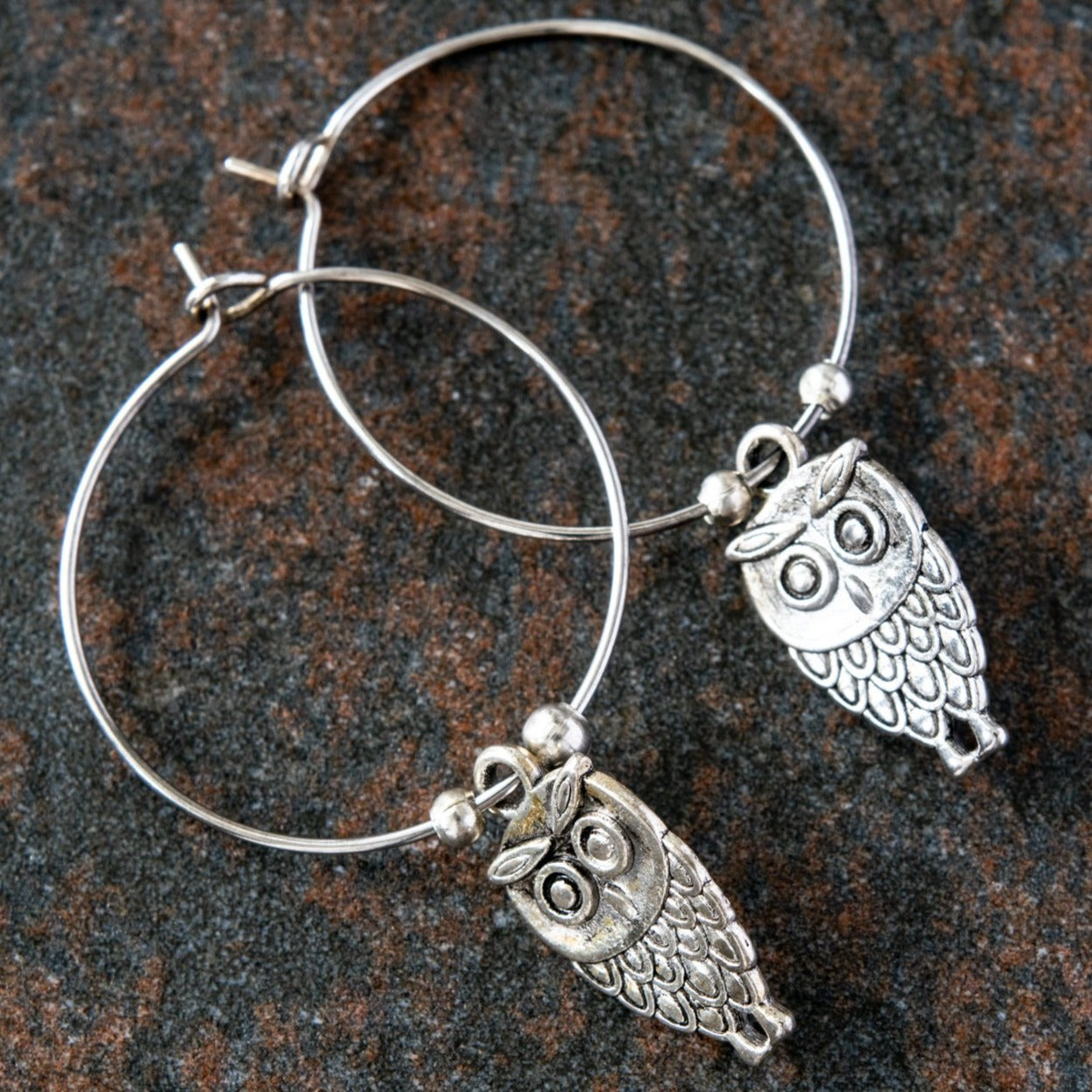 Woodlands, Little Owl Silver Hoop Earrings