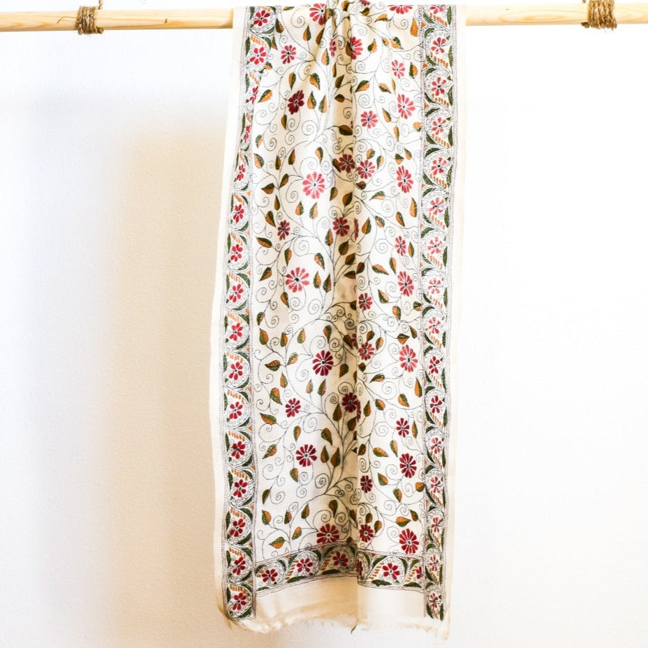 Large, Raw Silk Scarf, with Hand Embroidered Designs