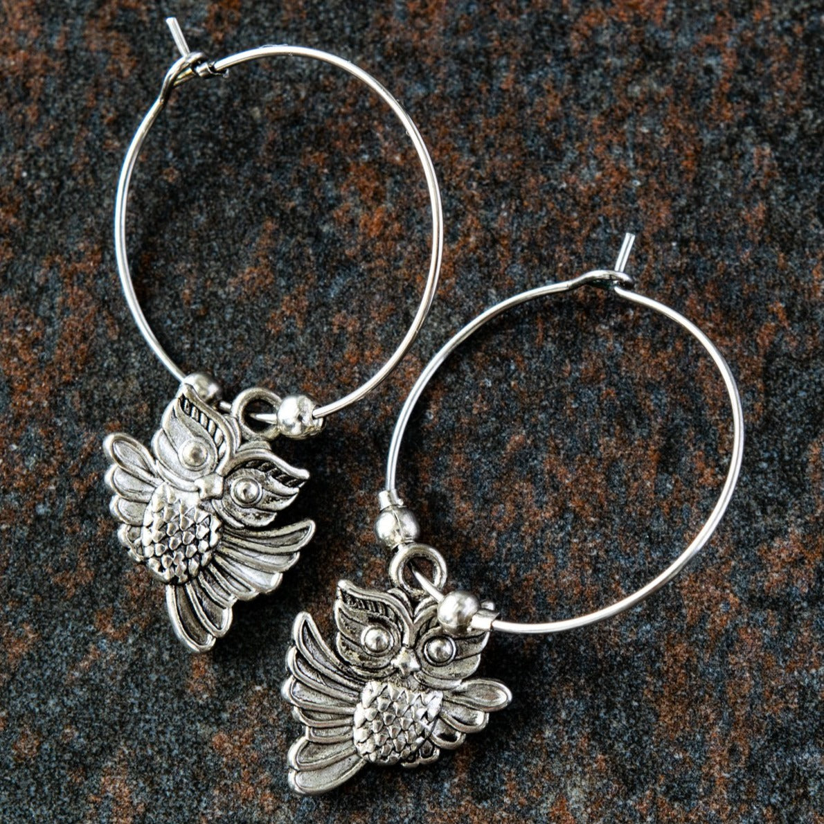 Woodland, Silver Flying Owls Hoop Earrings