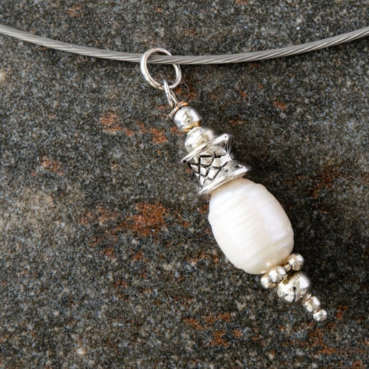 Simplicity, White Fresh Water Pearl Pendent on a Stainless-Steel Slide Necklace