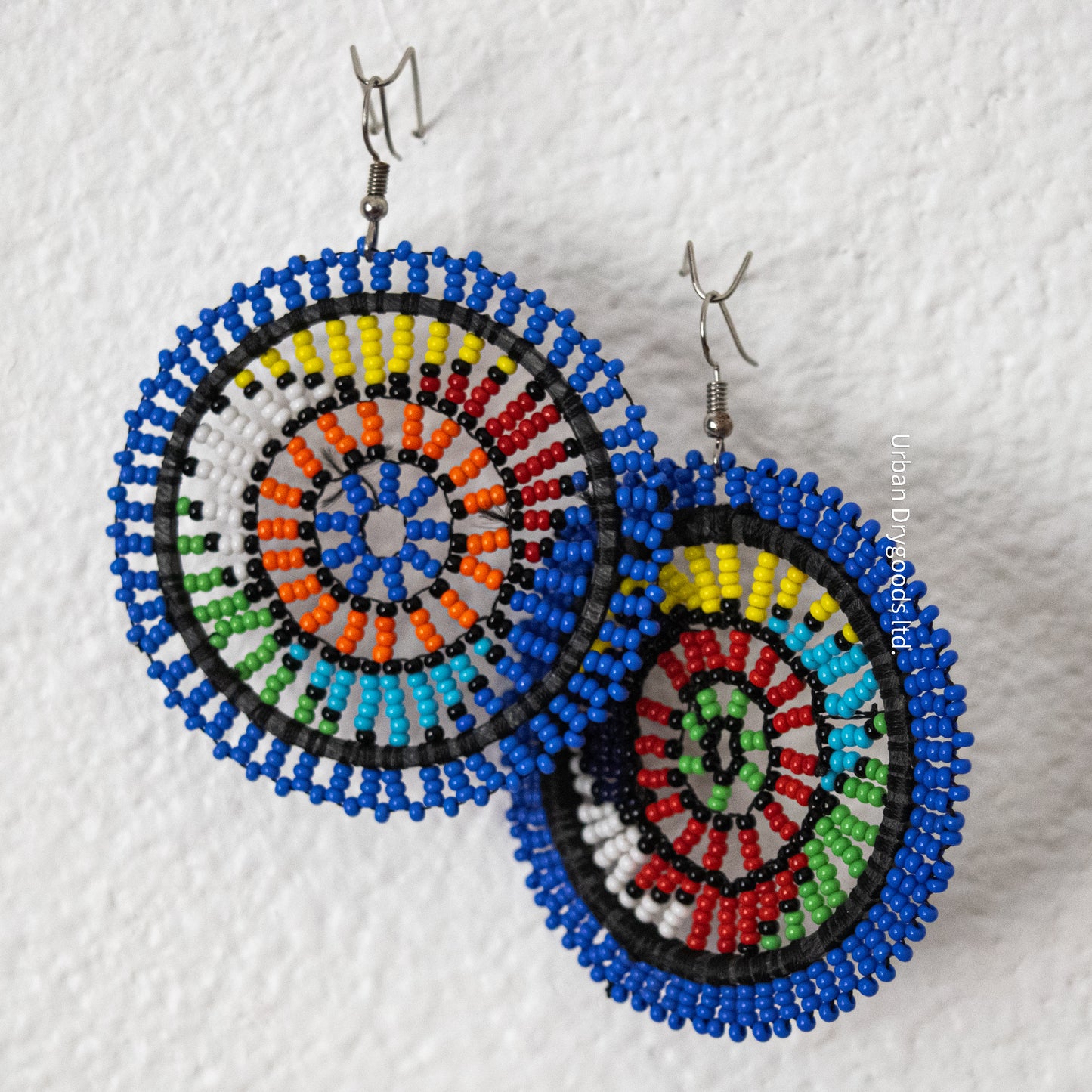 African, Large Round, Earrings, Flower Design with Periwinkle, and Accents of Black, Red, Yellow, Orange, Sky Blue, Green, and White Accents