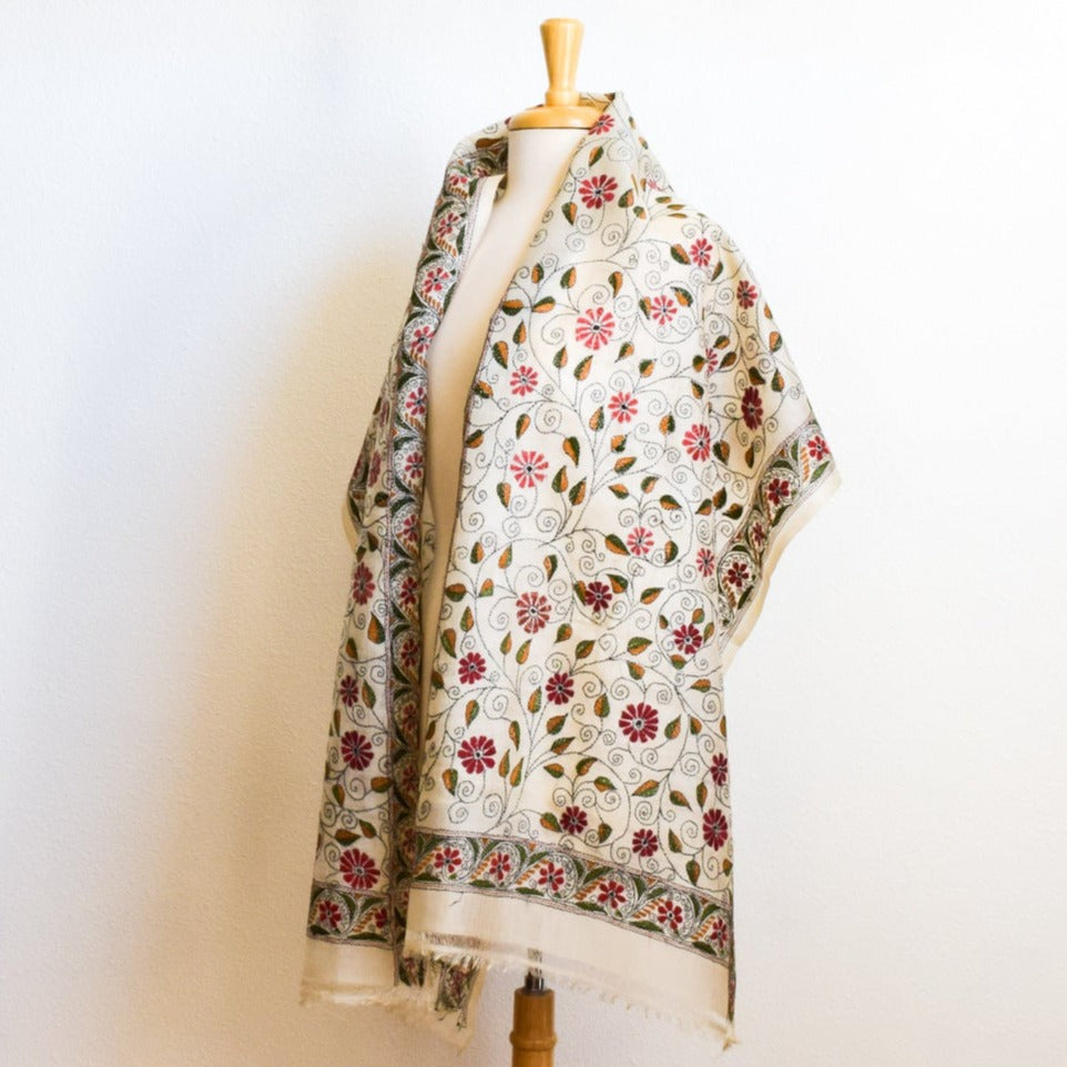 Large, Raw Silk Scarf, with Hand Embroidered Designs