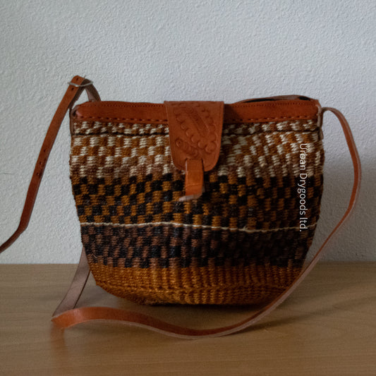 Sisal and Leather African Cross-Body Sling Bag, with Black, Brown, and Gray Checks