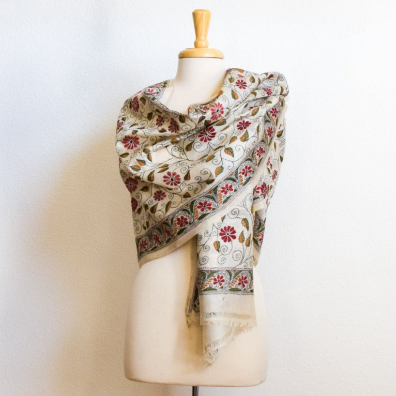 Large, Raw Silk Scarf, with Hand Embroidered Designs