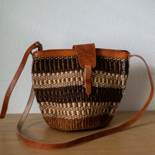 Sisal and Leather African Sling Bag, with Rust, Brown, and Cream Horizontal Stripes and Vertical Stitching