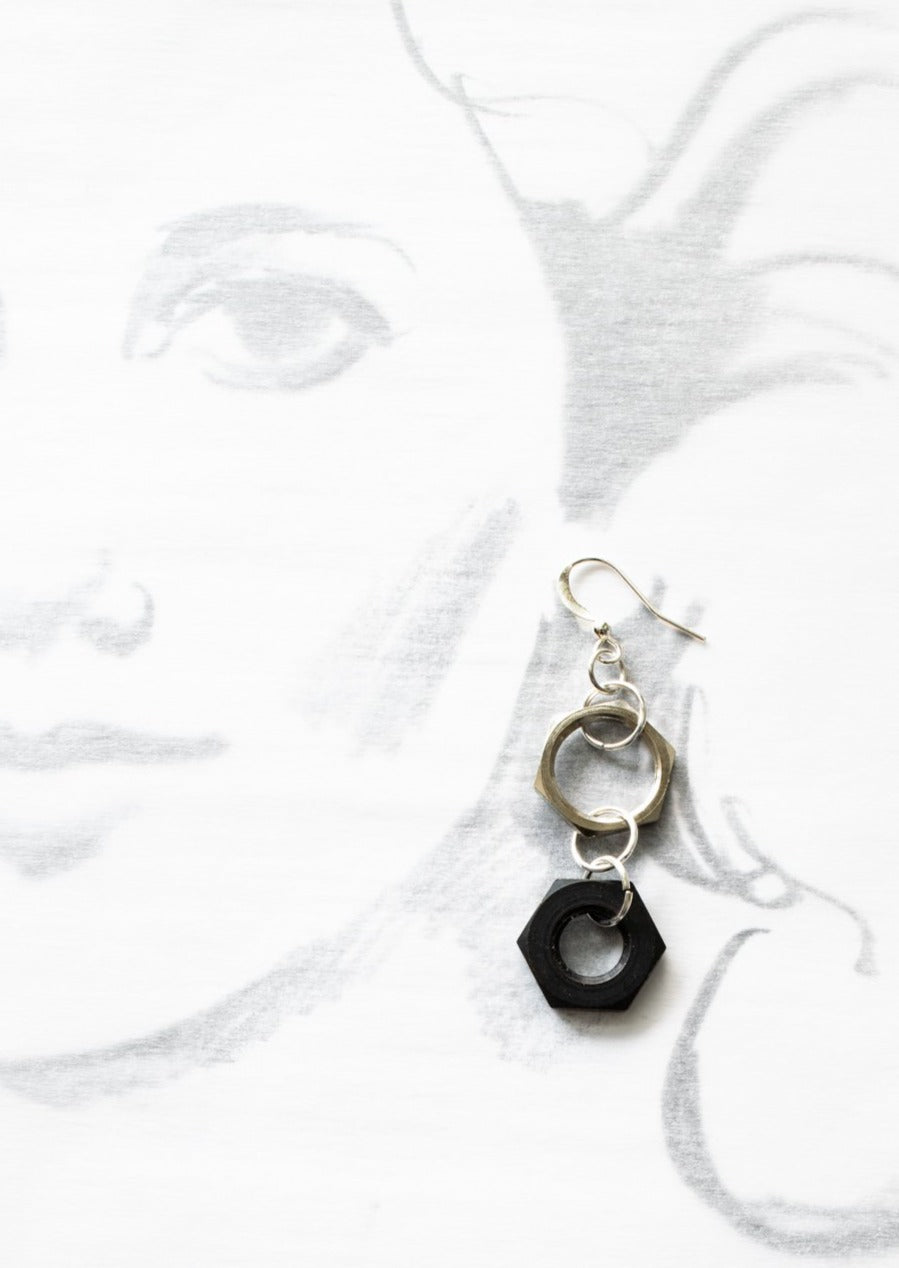 Parts, Black and Silver Nut Dangle Earrings