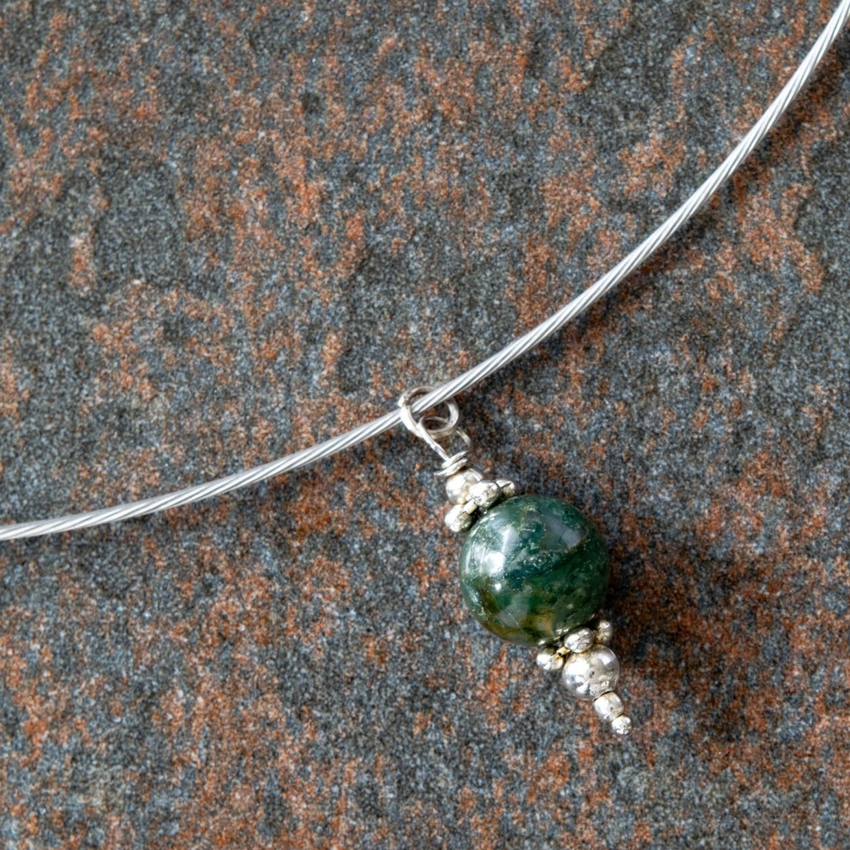 Simplicity, Fancy Green Jasper Pendent on a Stainless-Steel Slide Necklace