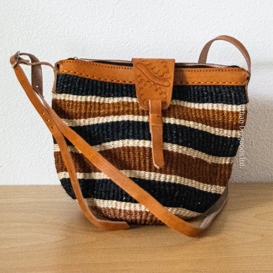 Sisal and Leather African Cross-Body Sling Bag, with Black, Brown, and Cream-Colored Stripes