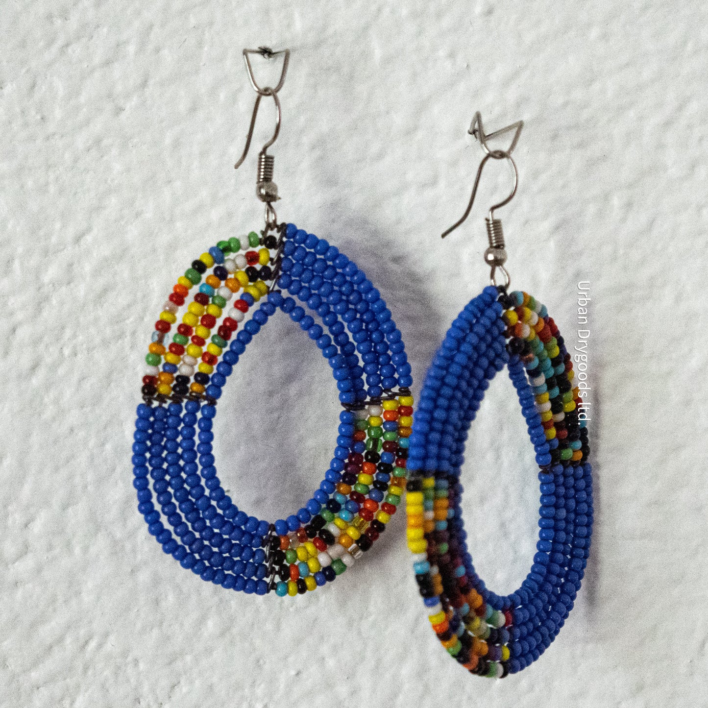 African Large Teardrop Earrings, Periwinkle with Multicolored Accents