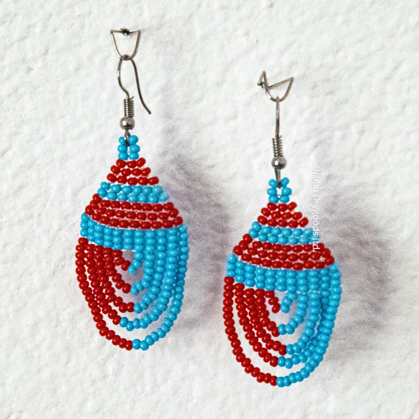 African Teardrop Earrings, Lacey, Sky Blue, and Red