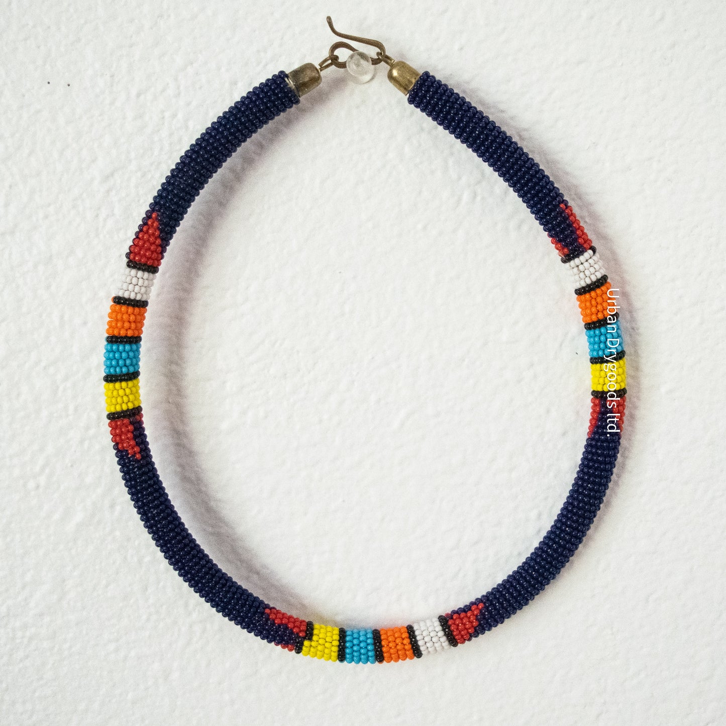 Reproduction Zulu and Messiah African Handmade Beaded Necklaces, Navy Blue, with Red, White, Orange, Sky-Blue