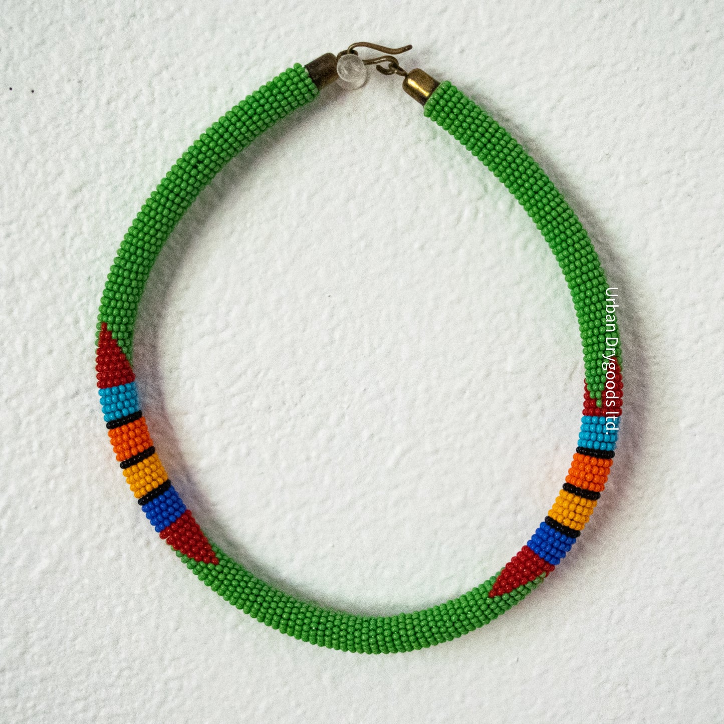 Zulu and Messiah African Handmade Beaded Necklace, Green, Red, Sky-Blue, Orange, Marigold