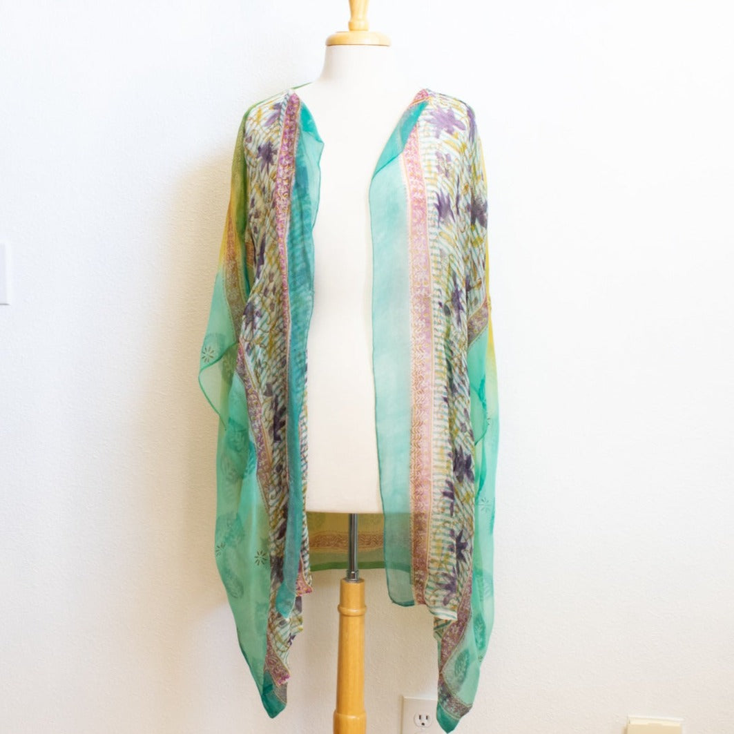 Women's Sheer Chiffon Kimono Loose Open Front Top Blouse Cardigan with Floral Design