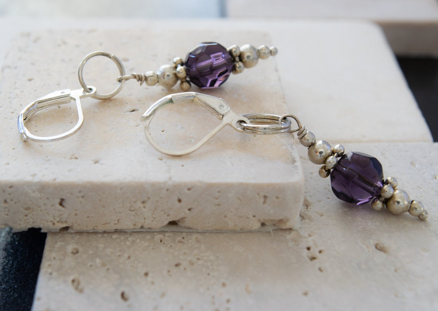 Basics, Dangle Earrings with Amethyst Crystal Dangles on Lever-Back Hoops