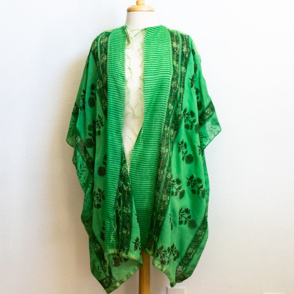 Women's Lightweight Cotton, Floral Patterned, Emerald Green, Open Front, Kimono Top Blouse