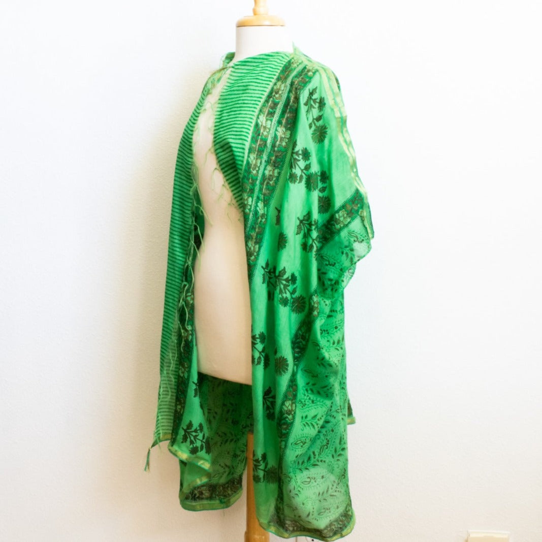 Women's Lightweight Cotton, Floral Patterned, Emerald Green, Open Front, Kimono Top Blouse