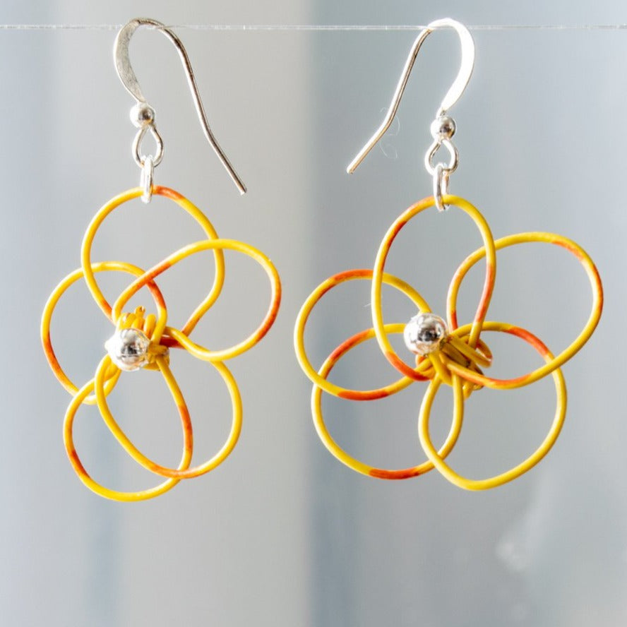 Blooms, Summer Flowers Yellow and Orange Pansy Dangle Earrings