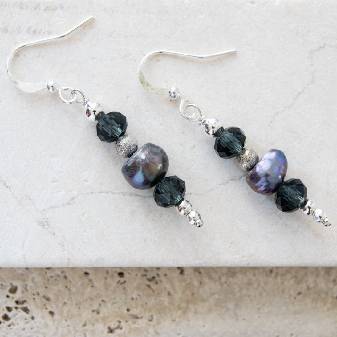 Basics, Prussian Blue Pearls And Crystals Dangle Earrings