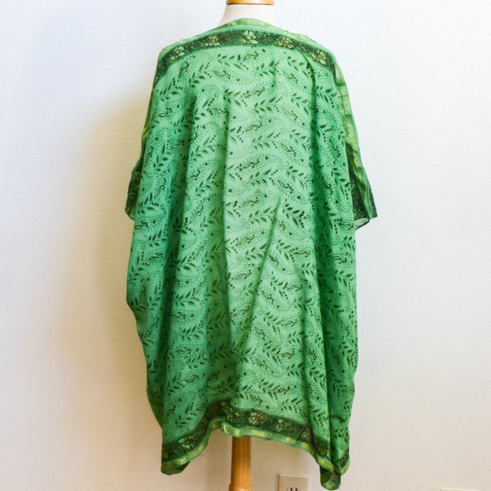 Women's Lightweight Cotton, Floral Patterned, Emerald Green, Open Front, Kimono Top Blouse