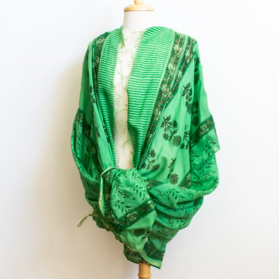 Women's Lightweight Cotton, Floral Patterned, Emerald Green, Open Front, Kimono Top Blouse