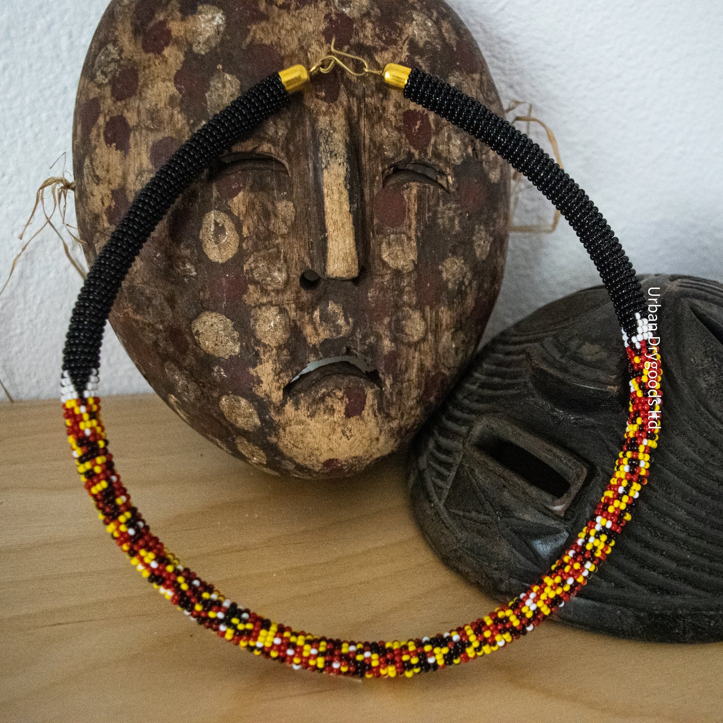 Zulu and Messiah African Handmade Beaded Necklaces, Black with Mixed White, Red, Yellow