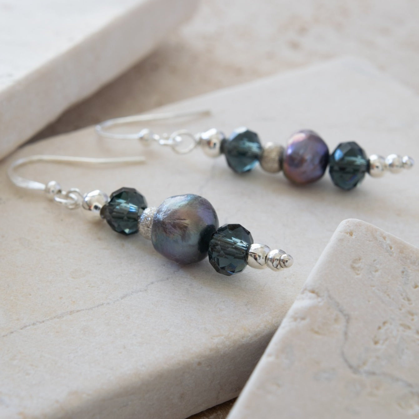 Basics, Prussian Blue Pearls And Crystals Dangle Earrings