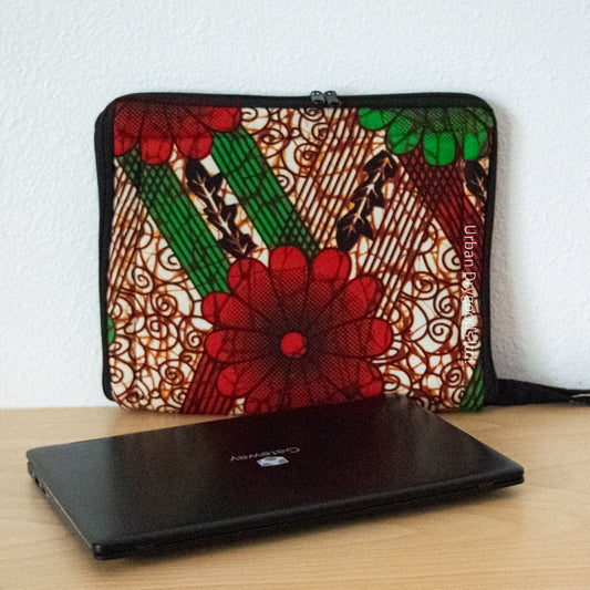 Handmade African Small Laptop Computer Sleeve, with Red and Green Flower