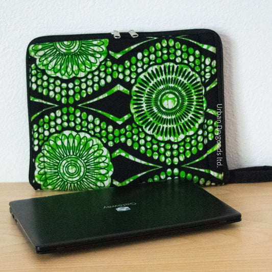 Handmade African Small Laptop Computer Sleeve. Green, and Black